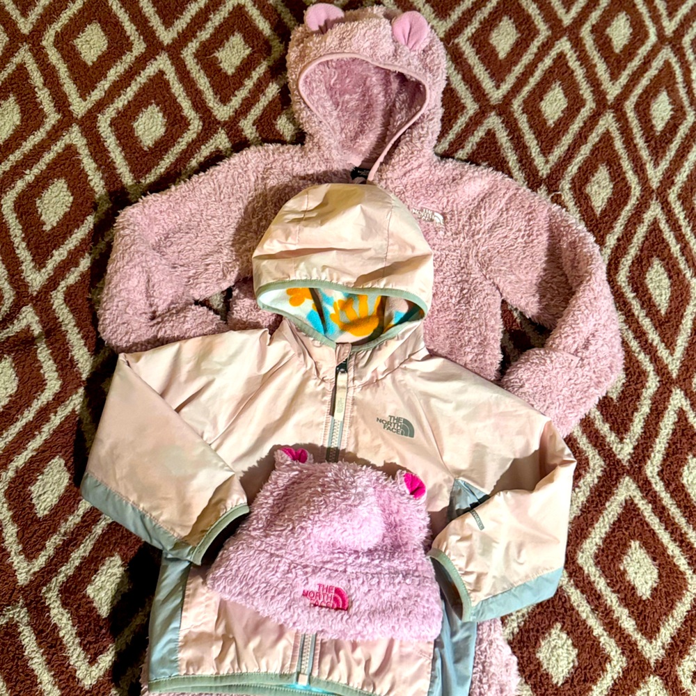 The North Face Toddler Girl Set - Pink Jacket, Onesie & Hat, Sizes all go to 2T